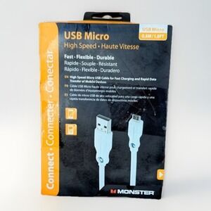 Pack of 2 Monster Micro USB Cables High Speed Fast Charge Flexible Durable White